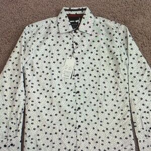 Men's White and Black Patterned Casual Button Down Shirt